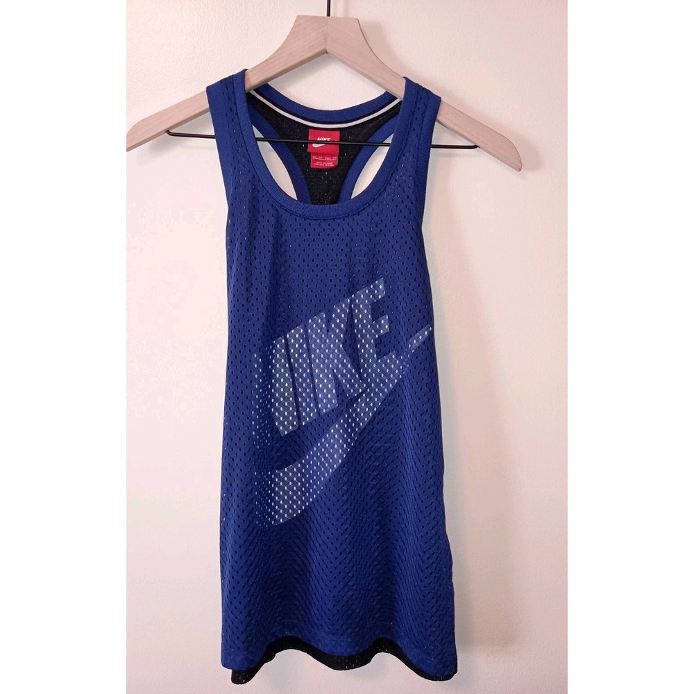 Nike‎ Black And Blue Mesh Double Layer Racer Back Tank "Just Do It" Wmns Sz Xs